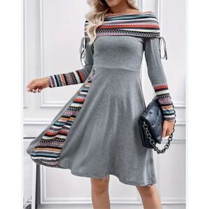 Women’s Ethnic Print Gray Boatneck Midi Dress Drawstring Neckline Boho Medium
